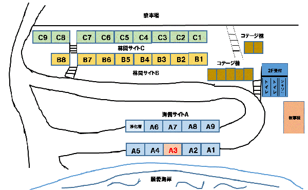 キャンプ黄金崎のサイトエリアマップ（2018/07/08現在）の画像